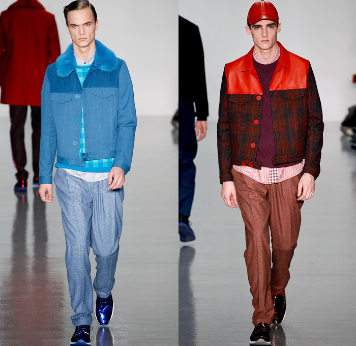 Richard Nicoll 2014-2015 Fall Autumn Winter Mens Runway Looks Fashion - London Collections - Pseudo Denim Jean Trucker Jacket Outerwear Oversized Trench Coat Bomber Varsity Jacket Checks Plaid Flowers Floral Print Ruffles Button Down Shirt