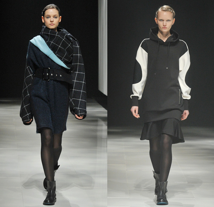 Ujoh by Mitsuru Nishizaki 2014-2015 Fall Autumn Winter Womens Runway Looks - Mercedes-Benz Fashion Week Tokyo Japan Catwalk Fashion Show - Windowpane Check Outerwear Trench Coat Funnelneck Skirt Frock Stripes Hoodie Knit Ruffles Stockings Tights Waffle Quilted Jacket Wide Belt Sweatshirt Sweater Jumper Weave Woods Forest Print Dress