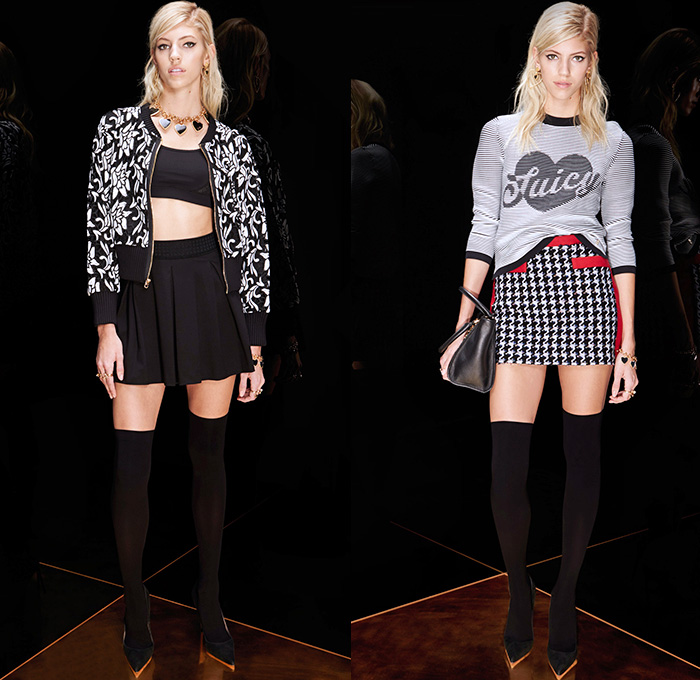 Juicy Couture 2015-2016 Fall Autumn Winter Womens Lookbook Presentation - Jogger Sweatpants Chambray Denim Jeans Leopard Zebra Houndstooth Sequins Tuxedo Stripe Peacoat Outerwear Sweater Jumper Dress Quilted Puffer Bomber Jacket Vest Flowers Florals Bohemian Boho Sheer Chiffon Embroidery Parka Stripes Moto Motorcycle Biker Leather