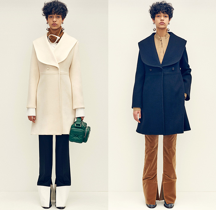 J.W.Anderson 2015 Pre Fall Autumn Womens Lookbook Presentation - 1970s Seventies Flare Windowpane Check Wide Belt Turtleneck Corduroy Gloves Knit Sweater Leather Mesh Embroidery Geometric Scarf Outerwear Jacket Shearling Gauntlet Handbag Fleece Terry Cloth Flap Pockets 3D Buttons Trench Coat Medieval Armor Chainlink Capelet Flowers Florals Miniskirt Skirt Frock Straps Belts Asymmetrical Hem Dress Ruffles