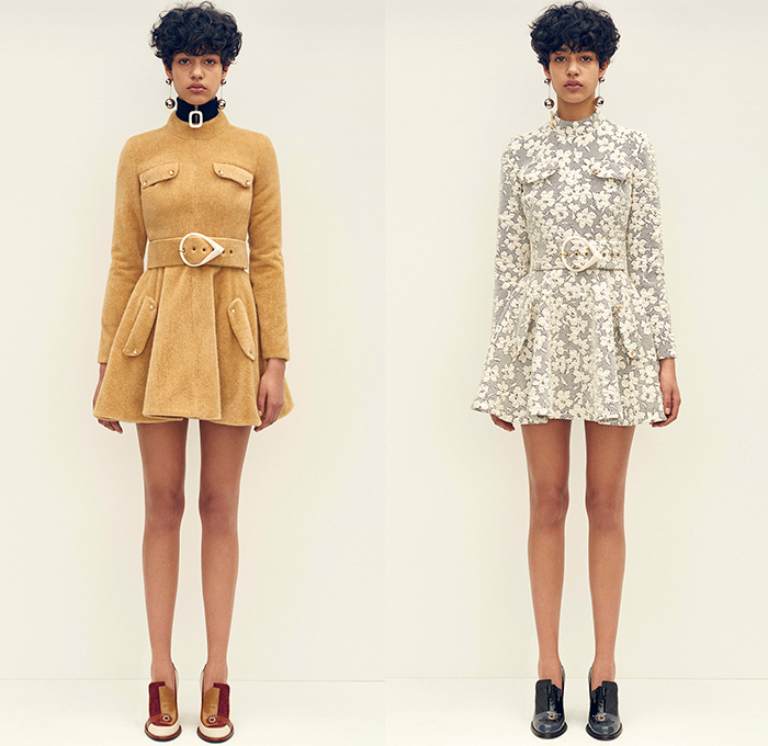 J.W.Anderson 2015 Pre Fall Autumn Womens Lookbook Presentation - 1970s Seventies Flare Windowpane Check Wide Belt Turtleneck Corduroy Gloves Knit Sweater Leather Mesh Embroidery Geometric Scarf Outerwear Jacket Shearling Gauntlet Handbag Fleece Terry Cloth Flap Pockets 3D Buttons Trench Coat Medieval Armor Chainlink Capelet Flowers Florals Miniskirt Skirt Frock Straps Belts Asymmetrical Hem Dress Ruffles