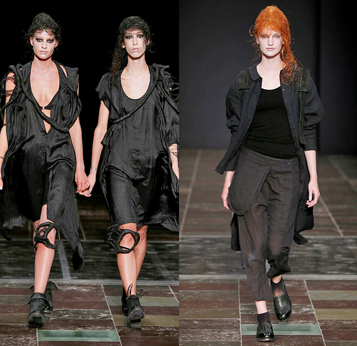 BARBARA I GONGINI 2015 Spring Summer Womens Runway Catwalk Looks - Copenhagen Fashion Week Denmark - Dark Black Apocalyptic Kimono Wrap Drapery Vest Waistcoat Cutout Stockings Tights Shorts Knits Gloves Train Drawstring Culottes Gauchos Dress Silk External Pocket Crochet Skirt Frock Slashed Fold Out Lapel Asymmetrical Tankdress Elastic Hem Cape Leg Warmer Zipper Crop Top Midriff Coat Cloak Coatdress