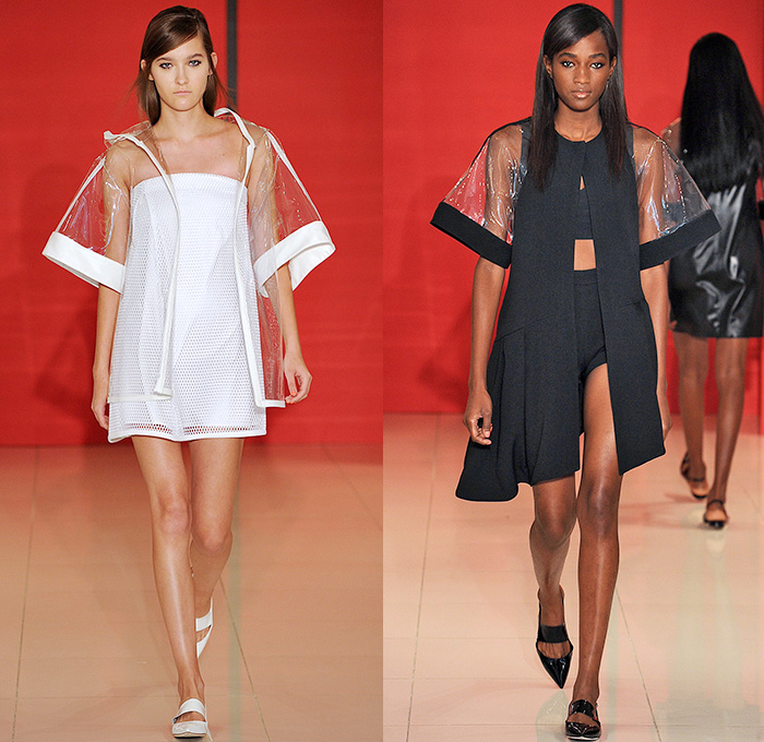 Lisa Perry 2015 Spring Summer Womens Runway Catwalk Looks - New York Fashion Week - Plastic Vinyl Rainwear Mesh Jacket Wide Sleeves Shorts Skirt Frock Pleats Sleeveless Blouse High Waist Crop Top Midriff One Piece Onesie Jumpsuit Boiler Suit Coveralls Paint Strokes Extra Panel Wide Leg Trousers Palazzo Pants Zipper Shirtdress Tunicdress Maxi Dress