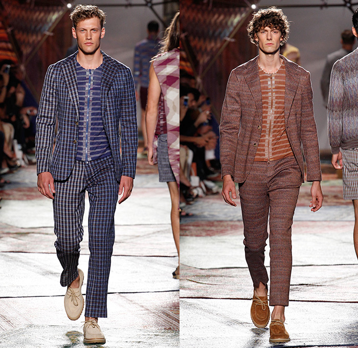 Missoni 2015 Spring Summer Mens Runway Looks - Milano Moda Uomo Collezione Milan Fashion Week Italy Camera Nazionale della Moda Italiana - Knit Cardigan Pants Trousers Polo Shirt Zigzag Stripes Folk Ethnic Tribal Khakis Slacks Jeans V-Neck Zipper Shorts Vest Waistcoat Sandals Scarf Sweater Jumper Checks Outerwear Trench Coat Suit Blazer