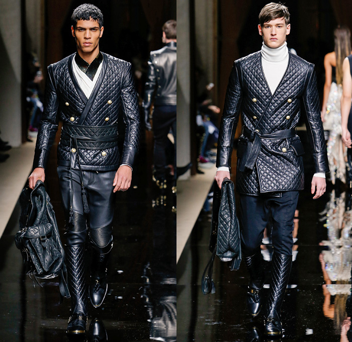 Balmain 2016-2017 Fall Autumn Winter Mens Runway Catwalk Looks - Mode à Paris Fashion Week Mode Masculine France - Military Marching Band Ornamental Embroidery Adornments Bedazzled Gold Studs Fringes Velvet Harlequin Plaid Tartan Check Coat Furry Quilted Waffle Leather Parka Tuxedo Cocktail Smoking Jacket Vest Waistcoat Kimono Wrap Cummerbund Sash Waist Boots Medals Emblem Stripes Colonial Knee Panels Biker Pants