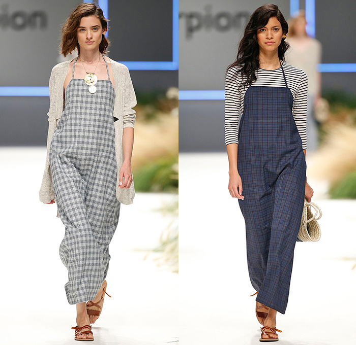 Escorpion 2016 Spring Summer Womens Runway Catwalk Looks - 080 Barcelona Fashion Catalonia Catalan Spain - Rooftop Garden Plaid Check Tartan Shirtdress Popover Tunicdress Sandals Stripes Chunky Knit Bouclé Basketweave Sheer Chiffon Mesh Sleepwear Lounge Cardigan Jacket Outerwear Coat Frayed Raw Hem Halter Top Pinafore Skirt Frock Brace Blouse Slouchy 