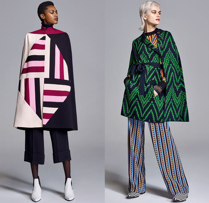 Duro Olowu 2018-2019 Fall Autumn Winter Womens Lookbook Presentation - London Fashion Week Collections UK - Mix Match Mash Up Geometric Stripes Tribal Ethnic Chevron Zigzag Flowers Floral Racing Check Fringes Fishnet Mesh Jacquard Embroidery Polka Dots Silk Satin Accordion Pleats Coat Poncho Robe Tie Up Waist Leg O'Mutton Sleeves Blouse Pantsuit Caftan Maxi Dress  Wide Leg Trousers Palazzo Pants Tights Stockings Boots Oxfords Fingerless Gloves Fedora Hat Scarf Sunglasses Brooch Breastpin