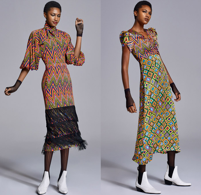 Duro Olowu 2018-2019 Fall Autumn Winter Womens Lookbook Presentation - London Fashion Week Collections UK - Mix Match Mash Up Geometric Stripes Tribal Ethnic Chevron Zigzag Flowers Floral Racing Check Fringes Fishnet Mesh Jacquard Embroidery Polka Dots Silk Satin Accordion Pleats Coat Poncho Robe Tie Up Waist Leg O'Mutton Sleeves Blouse Pantsuit Caftan Maxi Dress  Wide Leg Trousers Palazzo Pants Tights Stockings Boots Oxfords Fingerless Gloves Fedora Hat Scarf Sunglasses Brooch Breastpin