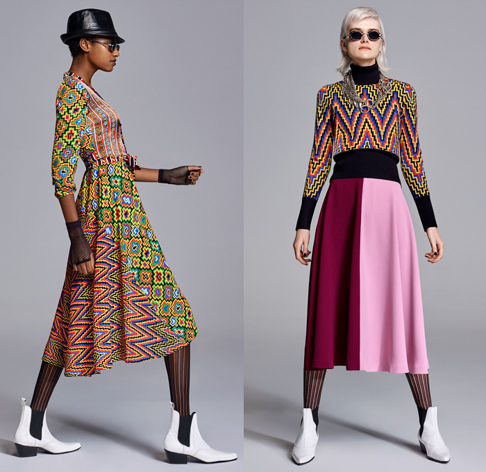 Duro Olowu 2018-2019 Fall Autumn Winter Womens Lookbook Presentation - London Fashion Week Collections UK - Mix Match Mash Up Geometric Stripes Tribal Ethnic Chevron Zigzag Flowers Floral Racing Check Fringes Fishnet Mesh Jacquard Embroidery Polka Dots Silk Satin Accordion Pleats Coat Poncho Robe Tie Up Waist Leg O'Mutton Sleeves Blouse Pantsuit Caftan Maxi Dress  Wide Leg Trousers Palazzo Pants Tights Stockings Boots Oxfords Fingerless Gloves Fedora Hat Scarf Sunglasses Brooch Breastpin