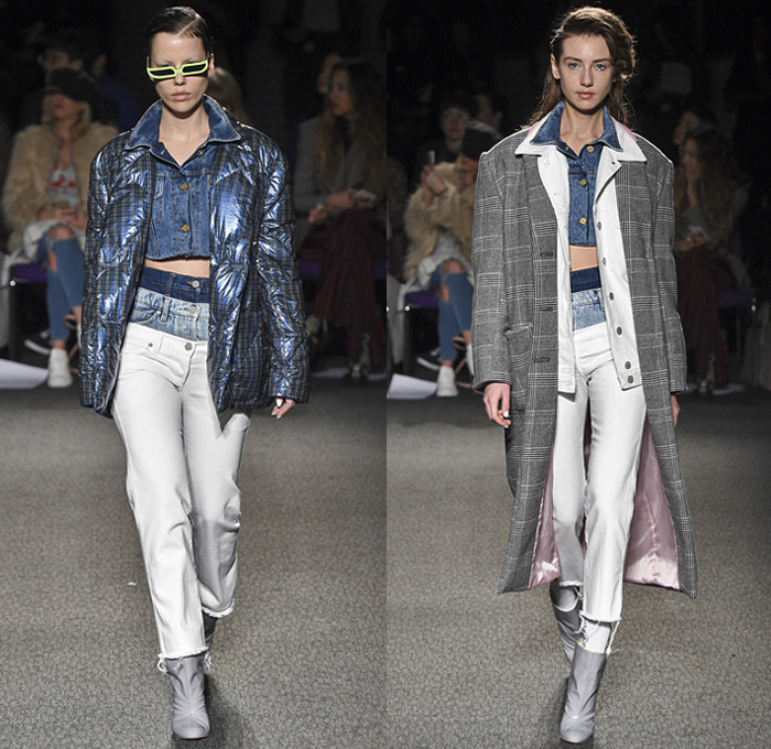 Natasha Zinko 2018-2019 Fall Autumn Winter Womens Runway Catwalk Looks - London Fashion Week Collections UK - Power Dressing Coat Blazer Fur Shearling Quilted Puffer Plaid Herringbone Check Flowers Floral Lettering Houndstooth Bedazzled Fishscales Spangles Fringes Sheer Tulle Feathers Strapless One Shoulder Crop Top Zipper Cinch Belt Strap Bustier Shirtdress Ball Gown Denim Jeans Shorts Layers Tiered Triple Waistband Wide Leg Tights Thigh High Boots Sunglasses Crossbody Lunch Box Bag