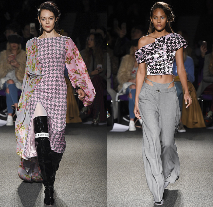 Natasha Zinko 2018-2019 Fall Autumn Winter Womens Runway Catwalk Looks - London Fashion Week Collections UK - Power Dressing Coat Blazer Fur Shearling Quilted Puffer Plaid Herringbone Check Flowers Floral Lettering Houndstooth Bedazzled Fishscales Spangles Fringes Sheer Tulle Feathers Strapless One Shoulder Crop Top Zipper Cinch Belt Strap Bustier Shirtdress Ball Gown Denim Jeans Shorts Layers Tiered Triple Waistband Wide Leg Tights Thigh High Boots Sunglasses Crossbody Lunch Box Bag