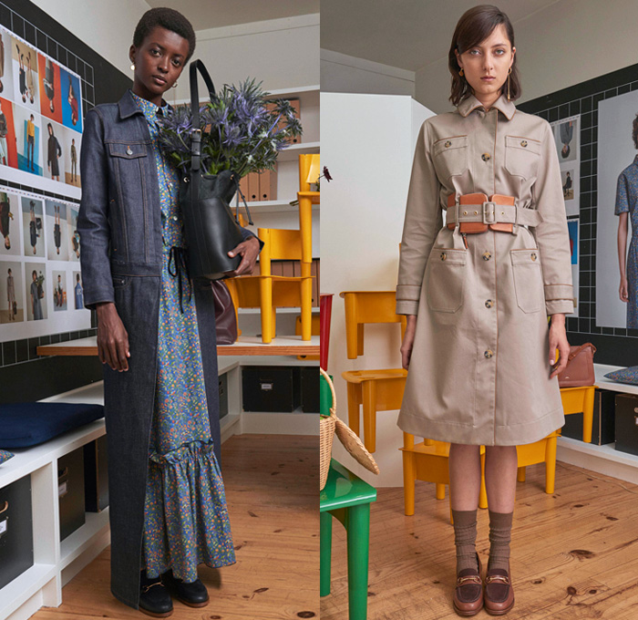 A.P.C. 2018 Spring Summer Womens Lookbook Presentation Atelier de Production et de Creation - Mode à Paris Fashion Week Mode Féminin France - Raw Dry Selvedge Denim Relaxed Tapered Mom Jeans Outerwear Robe Safari Jacket Field Jacket Cargo Pockets Blouse Skirt Frock Wide Bell Sleeves Crop Top Midriff Vest Waistcoat Paint Splatter Droppings Flowers Floral Dress Socks Loafers Purse Sack Tote Bucket Bag Fanny Pack Waist Pouch Belt Bag