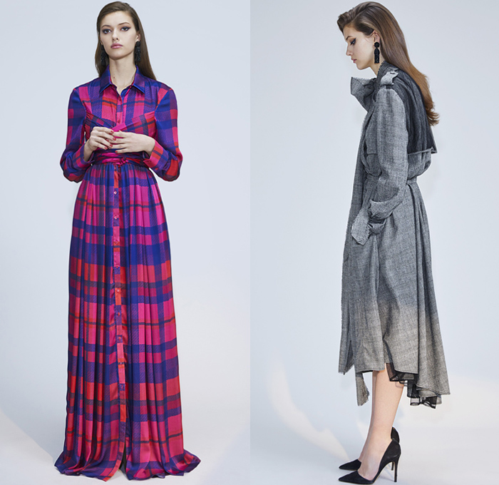 Bande Noir 2019-2020 Fall Autumn Winter Womens Lookbook Presentation - New York Fashion Week NYFW - Denim Jeans Velvet Utilitarian Onesie Jumpsuit Coveralls Pink Lamè Pantsuit Cross Wrap Plaid Check Stripes Handkerchief Hem Houndstooth Peplum Strapless Ruffles Sleeveless Tabard Vestdress Pleats Jacket Maxi Dress Flowers Floral Print Wide Leg Shirtdress Bedazzled Sequins Sheer Chiffon Blouse Lace Embroidery Needlework Silk Satin Poufy Shoulders Fins 