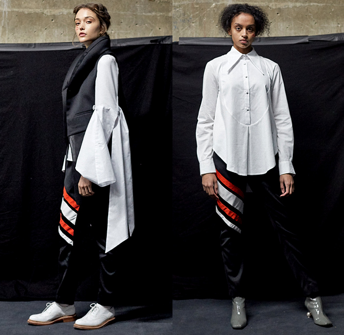 Nabil Nayal 2019-2020 Fall Autumn Winter Womens Lookbook Presentation - London Fashion Week Collections UK - Marie Antoinette Life Preserver Collar High-Low Mullet Hem Quilted Puffer Leg O'Mutton Sleeves Blouse Shirt Sheer Vest Gilet Shirtdress Tights Crinoline Dress Gown Brogues Feathers