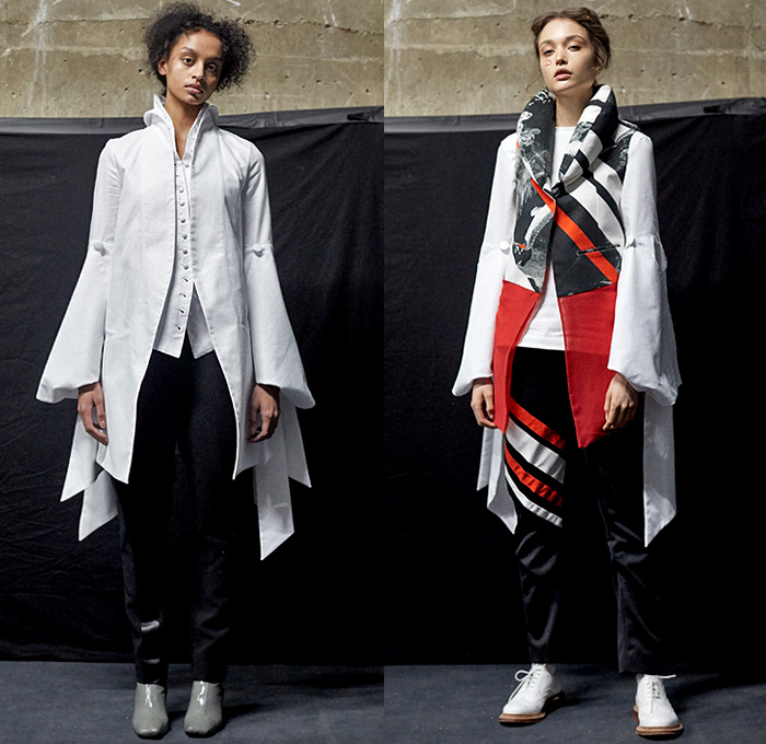 Nabil Nayal 2019-2020 Fall Autumn Winter Womens Lookbook Presentation - London Fashion Week Collections UK - Marie Antoinette Life Preserver Collar High-Low Mullet Hem Quilted Puffer Leg O'Mutton Sleeves Blouse Shirt Sheer Vest Gilet Shirtdress Tights Crinoline Dress Gown Brogues Feathers