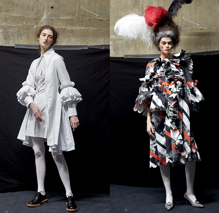 Nabil Nayal 2019-2020 Fall Autumn Winter Womens Lookbook Presentation - London Fashion Week Collections UK - Marie Antoinette Life Preserver Collar High-Low Mullet Hem Quilted Puffer Leg O'Mutton Sleeves Blouse Shirt Sheer Vest Gilet Shirtdress Tights Crinoline Dress Gown Brogues Feathers