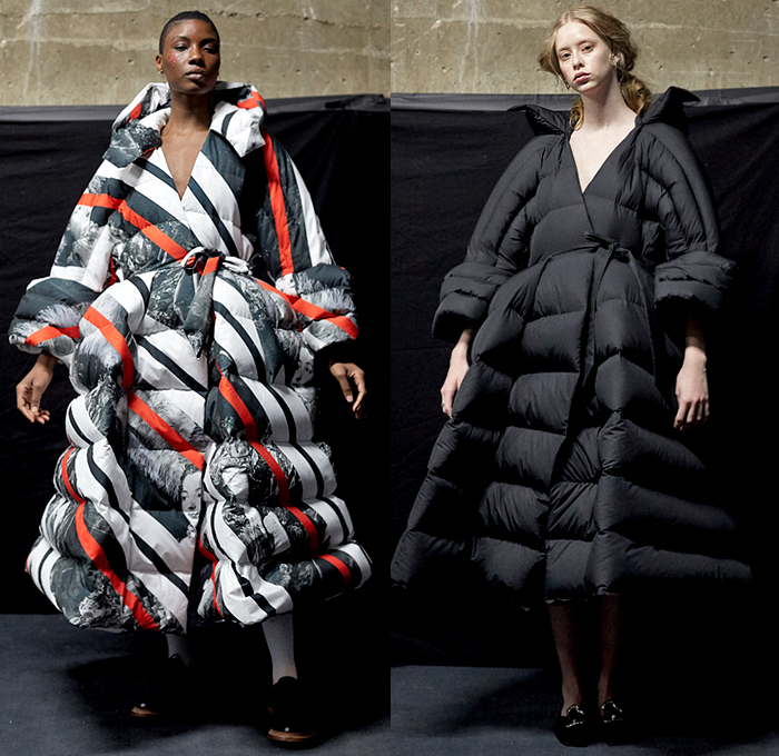 Nabil Nayal 2019-2020 Fall Autumn Winter Womens Lookbook Presentation - London Fashion Week Collections UK - Marie Antoinette Life Preserver Collar High-Low Mullet Hem Quilted Puffer Leg O'Mutton Sleeves Blouse Shirt Sheer Vest Gilet Shirtdress Tights Crinoline Dress Gown Brogues Feathers