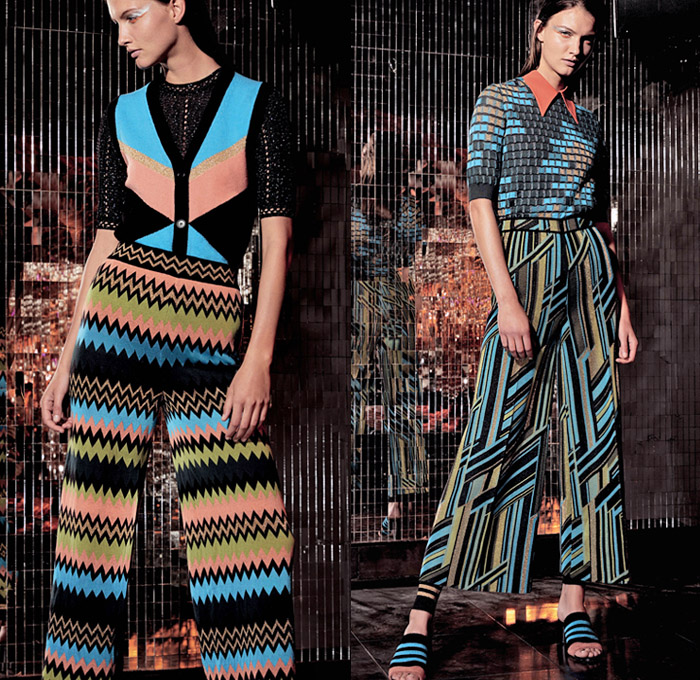 M Missoni 2019 Resort Cruise Pre-Spring Womens Lookbook Presentation - Retro 1970s Disco Art Deco Sporty Athleisure Silhouette Zigzag Waves Leopard Logo Mania Geometric Metallic Gold Embroidery Bedazzled Sequins Mesh Fishnet Sheer Chiffon Coat Robe Knit Sweater Cardigan Vest Blouse Hanging Sleeve Halterneck Shirtdress Dress Shorts Onesie Jumpsuit Jogger Leggings Tights Miniskirt Wide Leg Palazzo Pants Athletic Socks Leg Warmers Open Toe Shoes