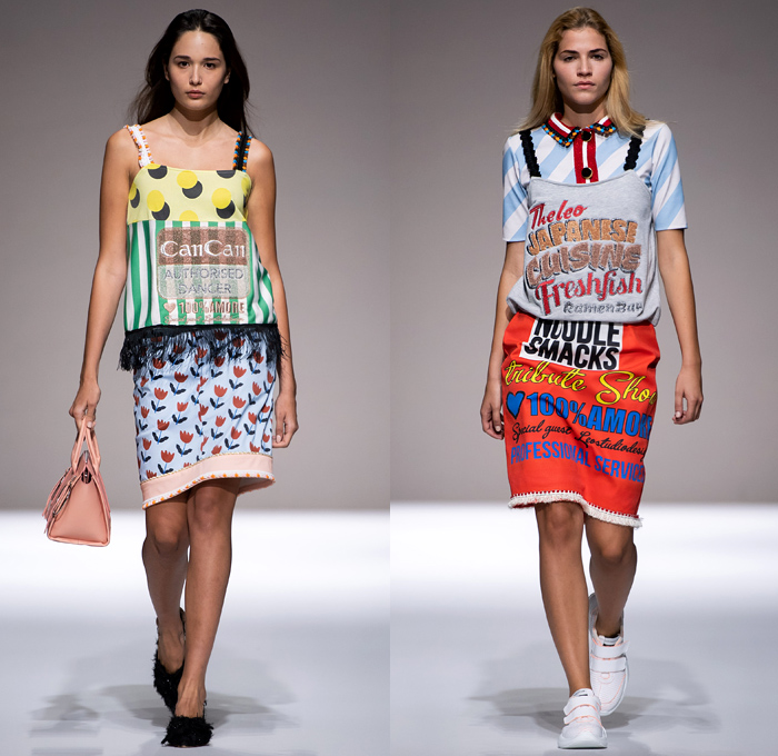 Leo Studio Design 2019 Spring Summer Womens Runway Catwalk Looks Collection Altaroma Rome Italy - Pop Art Ice Cream Cones Japanese Daruma Doll Cats Pegasus Typography Words Geometric Tomatoes Fringes Stripes Circles Gold Buttons Flowers Floral Plaid Check Grid Patchwork Tassels Loops Sheer Chiffon Embroidery Bedazzled Outerwear Bomber Jacket Polo Shirt Hoodie Sweatshirt Wrap Blouse Dress Skirt Crossbody Handbag Trainers Running Shoes