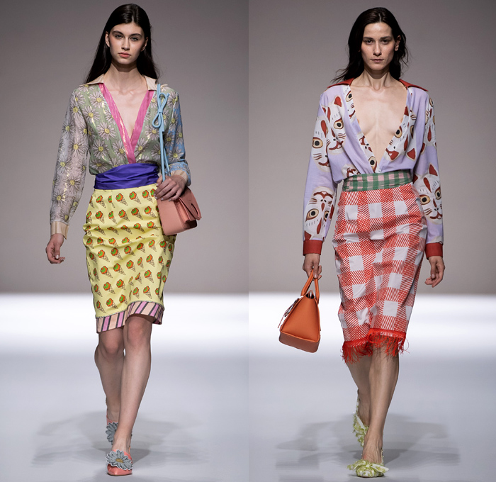 Leo Studio Design 2019 Spring Summer Womens Runway Catwalk Looks Collection Altaroma Rome Italy - Pop Art Ice Cream Cones Japanese Daruma Doll Cats Pegasus Typography Words Geometric Tomatoes Fringes Stripes Circles Gold Buttons Flowers Floral Plaid Check Grid Patchwork Tassels Loops Sheer Chiffon Embroidery Bedazzled Outerwear Bomber Jacket Polo Shirt Hoodie Sweatshirt Wrap Blouse Dress Skirt Crossbody Handbag Trainers Running Shoes