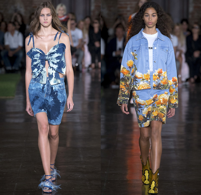 MSGM by Massimo Giorgetti 2019 Spring Summer Womens Runway Catwalk Looks Collection - Milano Moda Donna Collezione Milan Fashion Week Italy - Feathers Fringes Noodle Strap Dress Tie-Dye Denim Jeans Cutoffs Shorts One Shoulder Dress Tiered Bow Knot Tied Flowers Floral Trench Coat Jacket Pantsuit Cinch Skirt Sheer Chiffon Draped Wrap Satin Western Cowgirl Boots