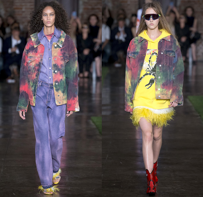 MSGM by Massimo Giorgetti 2019 Spring Summer Womens Runway Catwalk Looks Collection - Milano Moda Donna Collezione Milan Fashion Week Italy - Feathers Fringes Noodle Strap Dress Tie-Dye Denim Jeans Cutoffs Shorts One Shoulder Dress Tiered Bow Knot Tied Flowers Floral Trench Coat Jacket Pantsuit Cinch Skirt Sheer Chiffon Draped Wrap Satin Western Cowgirl Boots