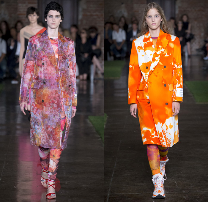 MSGM by Massimo Giorgetti 2019 Spring Summer Womens Runway Catwalk Looks Collection - Milano Moda Donna Collezione Milan Fashion Week Italy - Feathers Fringes Noodle Strap Dress Tie-Dye Denim Jeans Cutoffs Shorts One Shoulder Dress Tiered Bow Knot Tied Flowers Floral Trench Coat Jacket Pantsuit Cinch Skirt Sheer Chiffon Draped Wrap Satin Western Cowgirl Boots