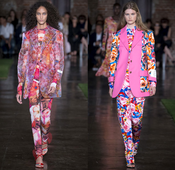 MSGM by Massimo Giorgetti 2019 Spring Summer Womens Runway Catwalk Looks Collection - Milano Moda Donna Collezione Milan Fashion Week Italy - Feathers Fringes Noodle Strap Dress Tie-Dye Denim Jeans Cutoffs Shorts One Shoulder Dress Tiered Bow Knot Tied Flowers Floral Trench Coat Jacket Pantsuit Cinch Skirt Sheer Chiffon Draped Wrap Satin Western Cowgirl Boots