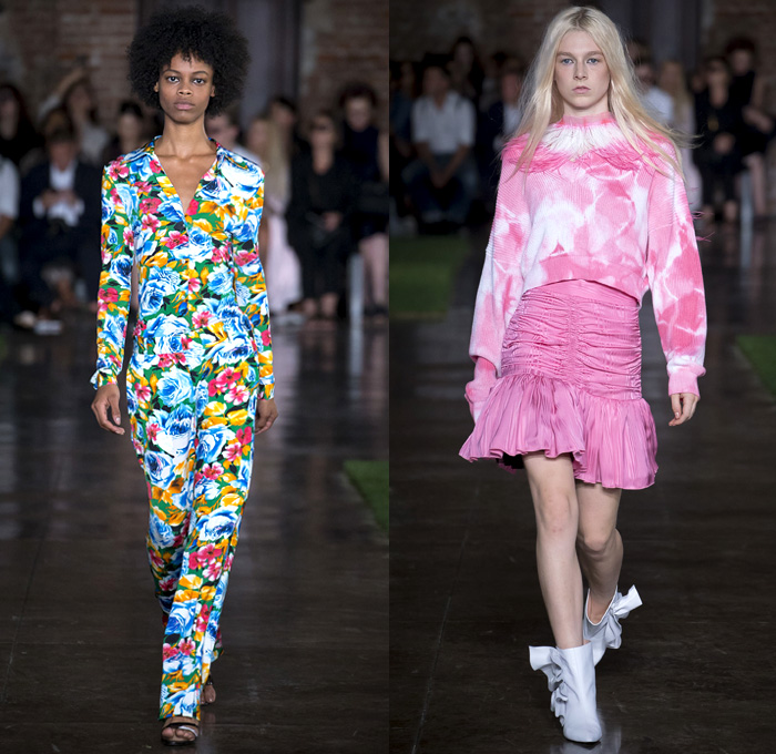 MSGM by Massimo Giorgetti 2019 Spring Summer Womens Runway Catwalk Looks Collection - Milano Moda Donna Collezione Milan Fashion Week Italy - Feathers Fringes Noodle Strap Dress Tie-Dye Denim Jeans Cutoffs Shorts One Shoulder Dress Tiered Bow Knot Tied Flowers Floral Trench Coat Jacket Pantsuit Cinch Skirt Sheer Chiffon Draped Wrap Satin Western Cowgirl Boots