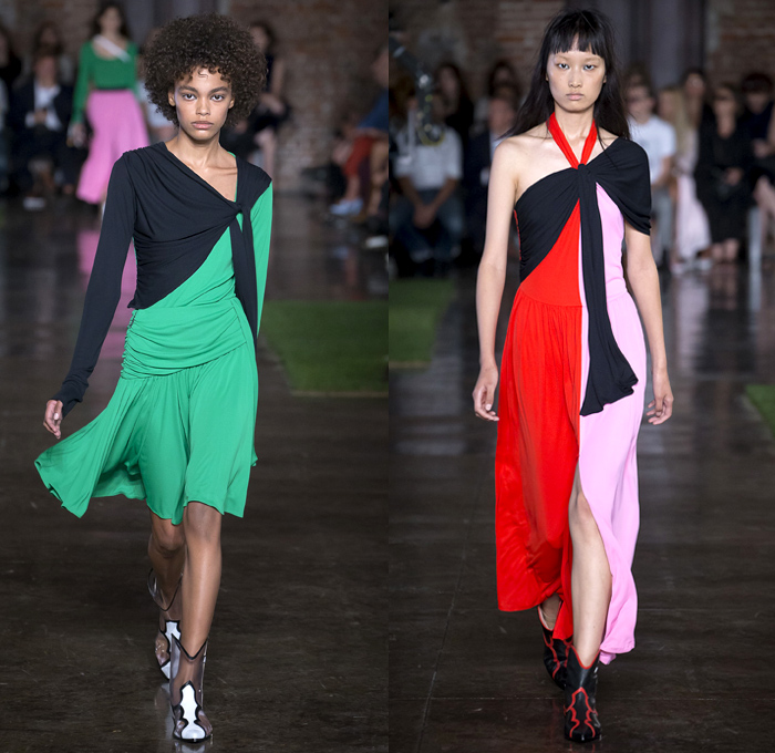 MSGM by Massimo Giorgetti 2019 Spring Summer Womens Runway Catwalk Looks Collection - Milano Moda Donna Collezione Milan Fashion Week Italy - Feathers Fringes Noodle Strap Dress Tie-Dye Denim Jeans Cutoffs Shorts One Shoulder Dress Tiered Bow Knot Tied Flowers Floral Trench Coat Jacket Pantsuit Cinch Skirt Sheer Chiffon Draped Wrap Satin Western Cowgirl Boots