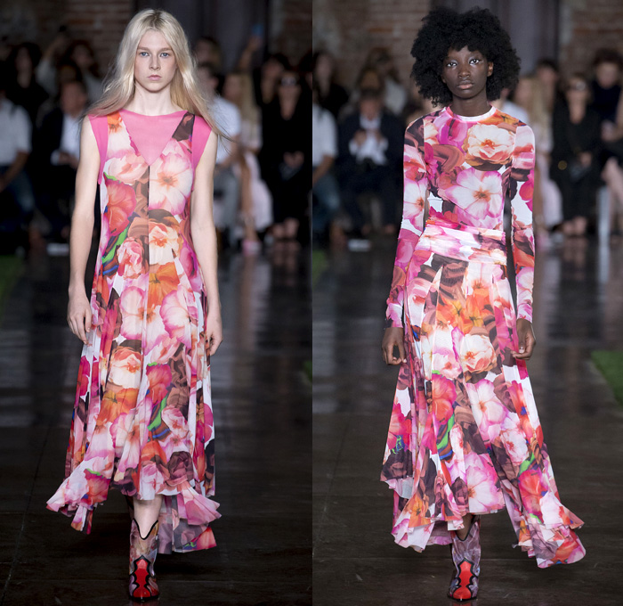 MSGM by Massimo Giorgetti 2019 Spring Summer Womens Runway Catwalk Looks Collection - Milano Moda Donna Collezione Milan Fashion Week Italy - Feathers Fringes Noodle Strap Dress Tie-Dye Denim Jeans Cutoffs Shorts One Shoulder Dress Tiered Bow Knot Tied Flowers Floral Trench Coat Jacket Pantsuit Cinch Skirt Sheer Chiffon Draped Wrap Satin Western Cowgirl Boots