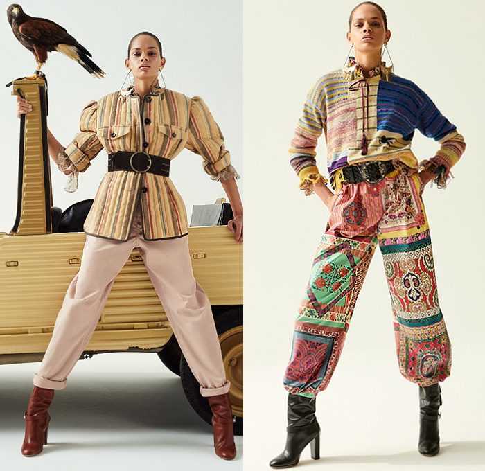 Etro 2020 Resort Cruise Pre-Spring Womens Lookbook Presentation - Bohemian Boho Chic Paisley Decorative Art Tribal Ethnic Geometric Leaves Foliage Print Kimono Robe Knit Weave Mesh Sweater Embroidery Check Stripes Scarf Quilted Puffer Poufy Shoulders Pantsuit Blazer Tassels Loungewear Poncho Fringes Suede Jacket Vest Sheer Chiffon Peasant Maxi Dress High-Low Mullet Hem Skirt Accordion Pleats Headscarf Wide Belt Flare Denim Jeans Culottes Shorts Crossbody Handbag Boots Floppy Hat