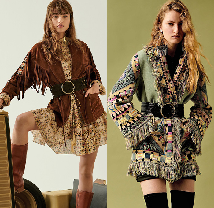 Etro 2020 Resort Cruise Pre-Spring Womens Lookbook Presentation - Bohemian Boho Chic Paisley Decorative Art Tribal Ethnic Geometric Leaves Foliage Print Kimono Robe Knit Weave Mesh Sweater Embroidery Check Stripes Scarf Quilted Puffer Poufy Shoulders Pantsuit Blazer Tassels Loungewear Poncho Fringes Suede Jacket Vest Sheer Chiffon Peasant Maxi Dress High-Low Mullet Hem Skirt Accordion Pleats Headscarf Wide Belt Flare Denim Jeans Culottes Shorts Crossbody Handbag Boots Floppy Hat