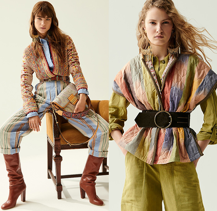 Etro 2020 Resort Cruise Pre-Spring Womens Lookbook Presentation - Bohemian Boho Chic Paisley Decorative Art Tribal Ethnic Geometric Leaves Foliage Print Kimono Robe Knit Weave Mesh Sweater Embroidery Check Stripes Scarf Quilted Puffer Poufy Shoulders Pantsuit Blazer Tassels Loungewear Poncho Fringes Suede Jacket Vest Sheer Chiffon Peasant Maxi Dress High-Low Mullet Hem Skirt Accordion Pleats Headscarf Wide Belt Flare Denim Jeans Culottes Shorts Crossbody Handbag Boots Floppy Hat