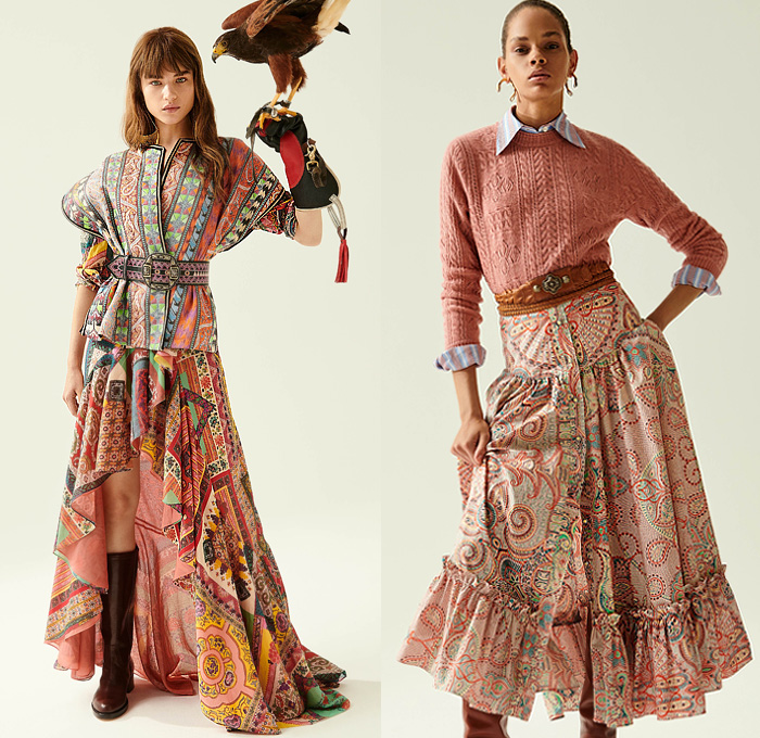 Etro 2020 Resort Cruise Pre-Spring Womens Lookbook Presentation - Bohemian Boho Chic Paisley Decorative Art Tribal Ethnic Geometric Leaves Foliage Print Kimono Robe Knit Weave Mesh Sweater Embroidery Check Stripes Scarf Quilted Puffer Poufy Shoulders Pantsuit Blazer Tassels Loungewear Poncho Fringes Suede Jacket Vest Sheer Chiffon Peasant Maxi Dress High-Low Mullet Hem Skirt Accordion Pleats Headscarf Wide Belt Flare Denim Jeans Culottes Shorts Crossbody Handbag Boots Floppy Hat