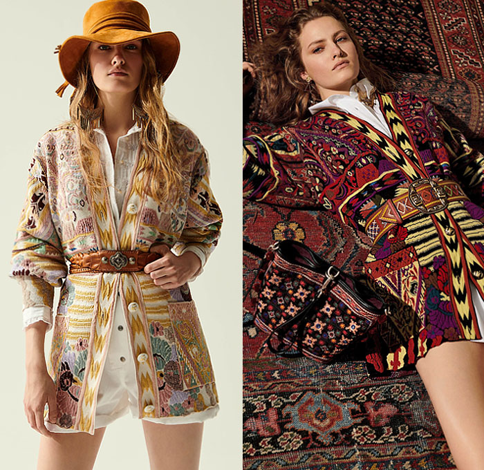 Etro 2020 Resort Cruise Pre-Spring Womens Lookbook Presentation - Bohemian Boho Chic Paisley Decorative Art Tribal Ethnic Geometric Leaves Foliage Print Kimono Robe Knit Weave Mesh Sweater Embroidery Check Stripes Scarf Quilted Puffer Poufy Shoulders Pantsuit Blazer Tassels Loungewear Poncho Fringes Suede Jacket Vest Sheer Chiffon Peasant Maxi Dress High-Low Mullet Hem Skirt Accordion Pleats Headscarf Wide Belt Flare Denim Jeans Culottes Shorts Crossbody Handbag Boots Floppy Hat