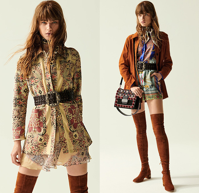 Etro 2020 Resort Cruise Pre-Spring Womens Lookbook Presentation - Bohemian Boho Chic Paisley Decorative Art Tribal Ethnic Geometric Leaves Foliage Print Kimono Robe Knit Weave Mesh Sweater Embroidery Check Stripes Scarf Quilted Puffer Poufy Shoulders Pantsuit Blazer Tassels Loungewear Poncho Fringes Suede Jacket Vest Sheer Chiffon Peasant Maxi Dress High-Low Mullet Hem Skirt Accordion Pleats Headscarf Wide Belt Flare Denim Jeans Culottes Shorts Crossbody Handbag Boots Floppy Hat