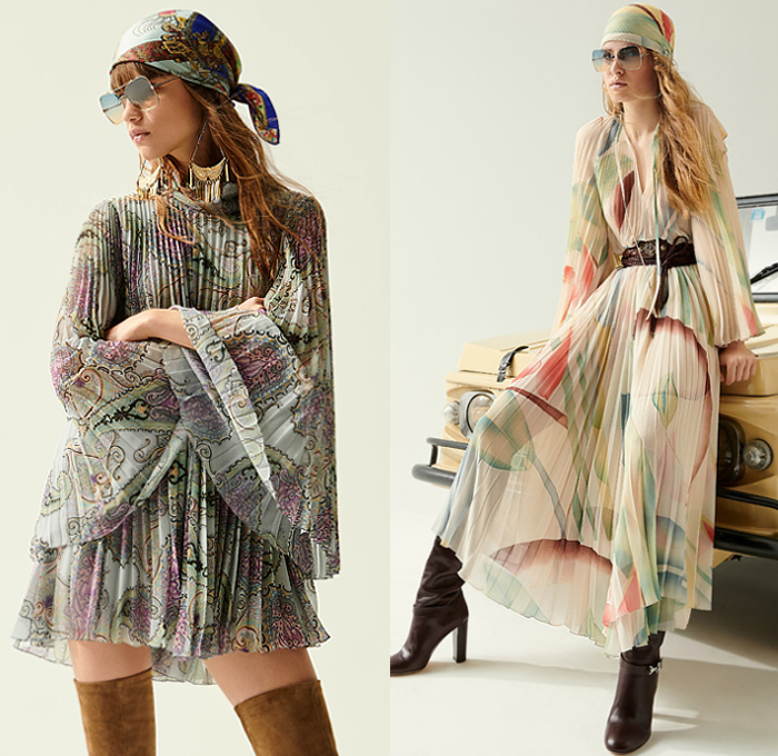 Etro 2020 Resort Cruise Pre-Spring Womens Lookbook Presentation - Bohemian Boho Chic Paisley Decorative Art Tribal Ethnic Geometric Leaves Foliage Print Kimono Robe Knit Weave Mesh Sweater Embroidery Check Stripes Scarf Quilted Puffer Poufy Shoulders Pantsuit Blazer Tassels Loungewear Poncho Fringes Suede Jacket Vest Sheer Chiffon Peasant Maxi Dress High-Low Mullet Hem Skirt Accordion Pleats Headscarf Wide Belt Flare Denim Jeans Culottes Shorts Crossbody Handbag Boots Floppy Hat