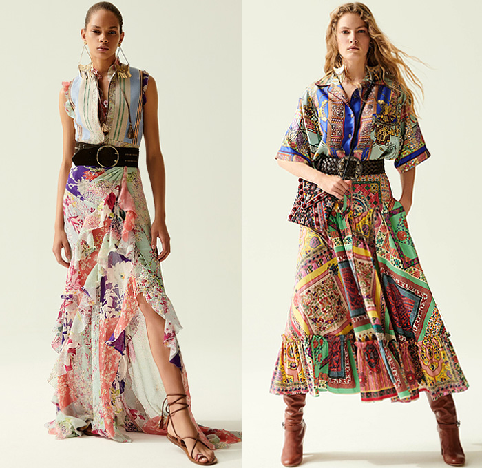 Etro 2020 Resort Cruise Pre-Spring Womens Lookbook Presentation - Bohemian Boho Chic Paisley Decorative Art Tribal Ethnic Geometric Leaves Foliage Print Kimono Robe Knit Weave Mesh Sweater Embroidery Check Stripes Scarf Quilted Puffer Poufy Shoulders Pantsuit Blazer Tassels Loungewear Poncho Fringes Suede Jacket Vest Sheer Chiffon Peasant Maxi Dress High-Low Mullet Hem Skirt Accordion Pleats Headscarf Wide Belt Flare Denim Jeans Culottes Shorts Crossbody Handbag Boots Floppy Hat