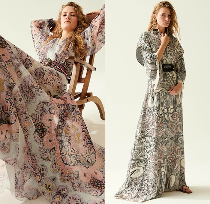 Etro 2020 Resort Cruise Pre-Spring Womens Lookbook Presentation - Bohemian Boho Chic Paisley Decorative Art Tribal Ethnic Geometric Leaves Foliage Print Kimono Robe Knit Weave Mesh Sweater Embroidery Check Stripes Scarf Quilted Puffer Poufy Shoulders Pantsuit Blazer Tassels Loungewear Poncho Fringes Suede Jacket Vest Sheer Chiffon Peasant Maxi Dress High-Low Mullet Hem Skirt Accordion Pleats Headscarf Wide Belt Flare Denim Jeans Culottes Shorts Crossbody Handbag Boots Floppy Hat