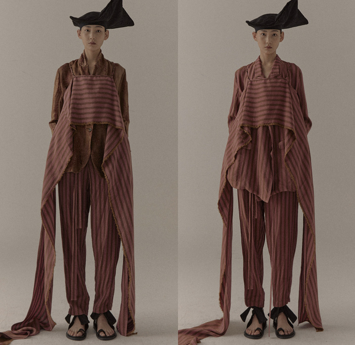 Uma Wang 2021 Spring Summer Womens Lookbook Presentation - Mode à Paris Fashion Week France - Sacred Truth of Old - Headwear Fringes Stripes Noodle Strap Bib Draped Frayed Raw Hem Sash Loungewear Slouchy Trench Coat Blazer Jacket Sheer Tulle Poufy Shoulders Puff Sleeves Wrapped Tied Knot Prairie Damsel Dress Skirt Leaves Foliage Stains Spots Wide Leg Palazzo Pants Sandals