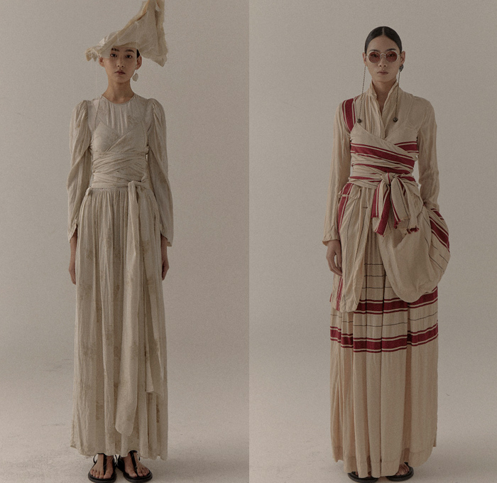 Uma Wang 2021 Spring Summer Womens Lookbook Presentation - Mode à Paris Fashion Week France - Sacred Truth of Old - Headwear Fringes Stripes Noodle Strap Bib Draped Frayed Raw Hem Sash Loungewear Slouchy Trench Coat Blazer Jacket Sheer Tulle Poufy Shoulders Puff Sleeves Wrapped Tied Knot Prairie Damsel Dress Skirt Leaves Foliage Stains Spots Wide Leg Palazzo Pants Sandals