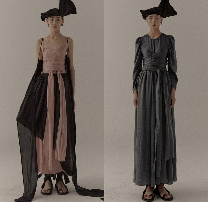 Uma Wang 2021 Spring Summer Womens Lookbook Presentation - Mode à Paris Fashion Week France - Sacred Truth of Old - Headwear Fringes Stripes Noodle Strap Bib Draped Frayed Raw Hem Sash Loungewear Slouchy Trench Coat Blazer Jacket Sheer Tulle Poufy Shoulders Puff Sleeves Wrapped Tied Knot Prairie Damsel Dress Skirt Leaves Foliage Stains Spots Wide Leg Palazzo Pants Sandals