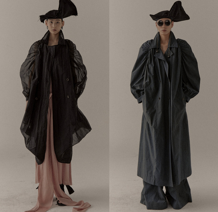 Uma Wang 2021 Spring Summer Womens Lookbook Presentation - Mode à Paris Fashion Week France - Sacred Truth of Old - Headwear Fringes Stripes Noodle Strap Bib Draped Frayed Raw Hem Sash Loungewear Slouchy Trench Coat Blazer Jacket Sheer Tulle Poufy Shoulders Puff Sleeves Wrapped Tied Knot Prairie Damsel Dress Skirt Leaves Foliage Stains Spots Wide Leg Palazzo Pants Sandals