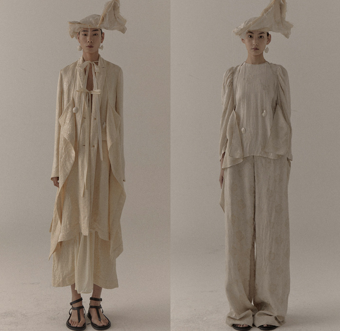 Uma Wang 2021 Spring Summer Womens Lookbook Presentation - Mode à Paris Fashion Week France - Sacred Truth of Old - Headwear Fringes Stripes Noodle Strap Bib Draped Frayed Raw Hem Sash Loungewear Slouchy Trench Coat Blazer Jacket Sheer Tulle Poufy Shoulders Puff Sleeves Wrapped Tied Knot Prairie Damsel Dress Skirt Leaves Foliage Stains Spots Wide Leg Palazzo Pants Sandals