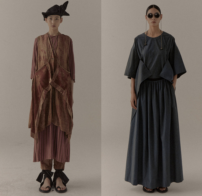 Uma Wang 2021 Spring Summer Womens Lookbook Presentation - Mode à Paris Fashion Week France - Sacred Truth of Old - Headwear Fringes Stripes Noodle Strap Bib Draped Frayed Raw Hem Sash Loungewear Slouchy Trench Coat Blazer Jacket Sheer Tulle Poufy Shoulders Puff Sleeves Wrapped Tied Knot Prairie Damsel Dress Skirt Leaves Foliage Stains Spots Wide Leg Palazzo Pants Sandals