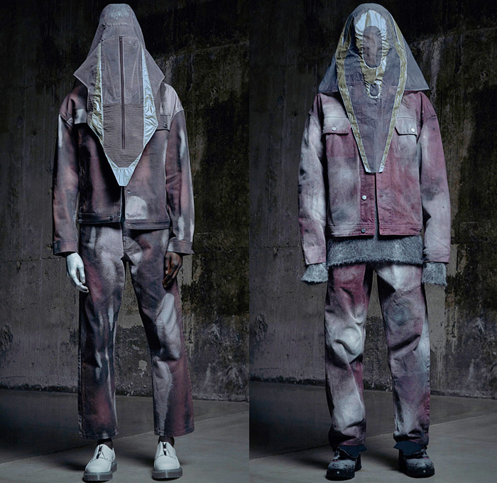 A-Cold-Wall 2022-2023 Fall Autumn Winter Mens Lookbook Presentation - Milano Moda Uomo Milan Fashion Week Mens - Brittle Render Sequenced Thought - Mesh Mask Hood Patchwork Anorak Cagoule Windbreaker Grunge Abstract Denim Jeans Vest Tied Knot Deconstructed Quilted Puffer Copper Coil Sweatshirt Patches Military Aviator Jacket Coat Cinch Tapered Wide Leg Baggy Pants Pockets  Silver Red Paint Boots High-Tops Tote Handbag