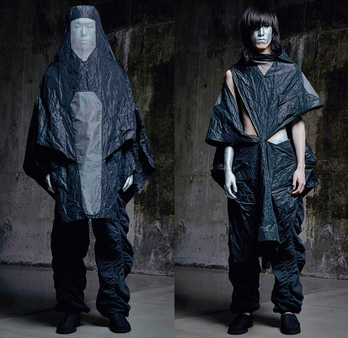 A-Cold-Wall 2022-2023 Fall Autumn Winter Mens Lookbook Presentation - Milano Moda Uomo Milan Fashion Week Mens - Brittle Render Sequenced Thought - Mesh Mask Hood Patchwork Anorak Cagoule Windbreaker Grunge Abstract Denim Jeans Vest Tied Knot Deconstructed Quilted Puffer Copper Coil Sweatshirt Patches Military Aviator Jacket Coat Cinch Tapered Wide Leg Baggy Pants Pockets  Silver Red Paint Boots High-Tops Tote Handbag