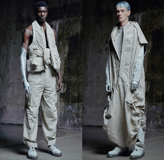 A-Cold-Wall 2022-2023 Fall Autumn Winter Mens Lookbook Presentation - Milano Moda Uomo Milan Fashion Week Mens - Brittle Render Sequenced Thought - Mesh Mask Hood Patchwork Anorak Cagoule Windbreaker Grunge Abstract Denim Jeans Vest Tied Knot Deconstructed Quilted Puffer Copper Coil Sweatshirt Patches Military Aviator Jacket Coat Cinch Tapered Wide Leg Baggy Pants Pockets  Silver Red Paint Boots High-Tops Tote Handbag