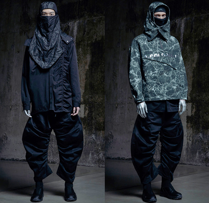 A-Cold-Wall 2022-2023 Fall Autumn Winter Mens Lookbook Presentation - Milano Moda Uomo Milan Fashion Week Mens - Brittle Render Sequenced Thought - Mesh Mask Hood Patchwork Anorak Cagoule Windbreaker Grunge Abstract Denim Jeans Vest Tied Knot Deconstructed Quilted Puffer Copper Coil Sweatshirt Patches Military Aviator Jacket Coat Cinch Tapered Wide Leg Baggy Pants Pockets  Silver Red Paint Boots High-Tops Tote Handbag